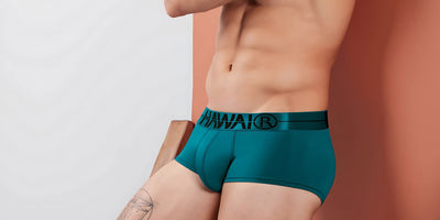 Teal men's briefs with black HAWAI logo waistband — sporty gay & queer men's pride underwear.