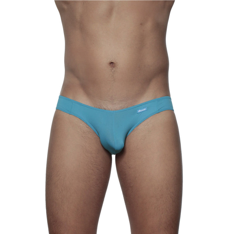 A sleek turquoise men’s brief with smooth fabric and subtle Groovin underwear logo on the waistband