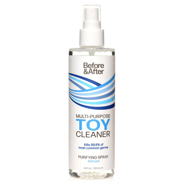 Clear bottle of liquid spray cleaner with blue wavy design on label.