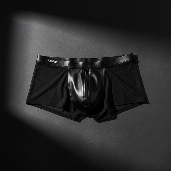 Black lace-up bodysuit with glossy faux-leather finish and matching briefs from absolu male by tof paris collection
