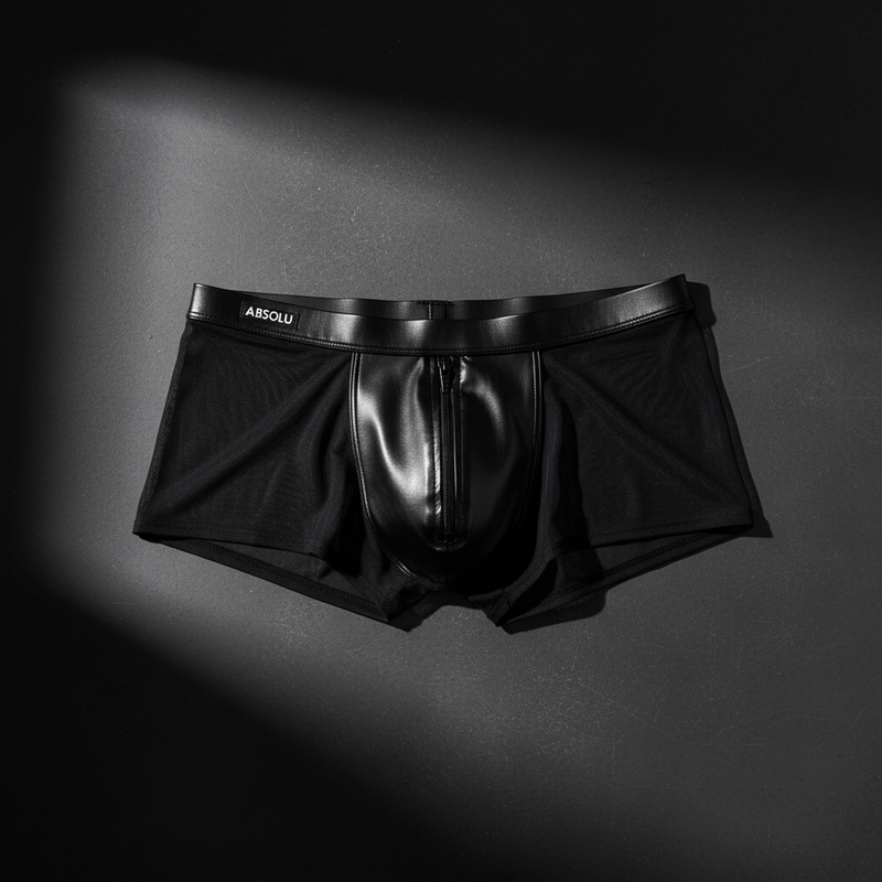 Black lace-up bodysuit with glossy faux-leather finish and matching briefs from absolu male by tof paris collection