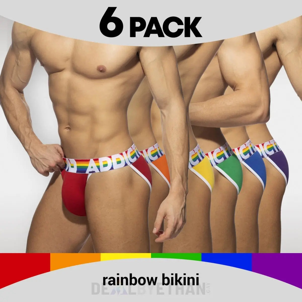 Rainbow-colored men’s bikini briefs with white elastic waistband and bold black addict logo from queer pride underwear collection