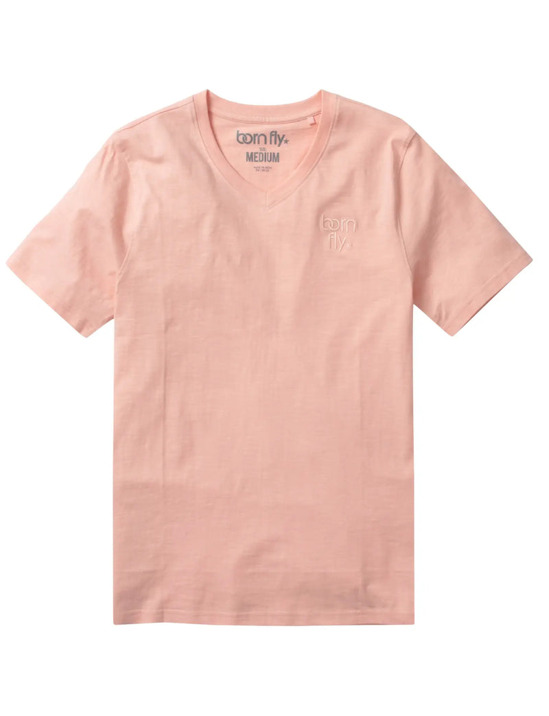 A pink cotton V-neck t-shirt with short sleeves lies on white background.