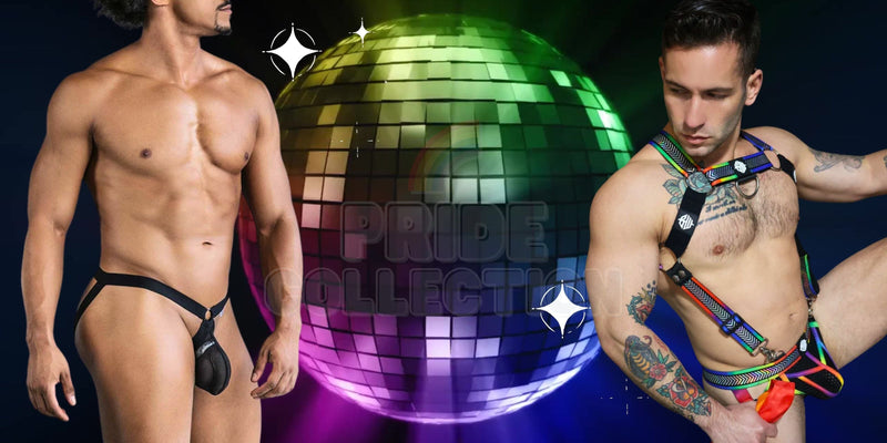Black leather thong with central clasp and adjustable side straps from gay men’s pride fashion collection yaaas queen