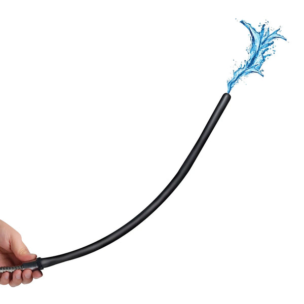 A hand holds a black tube spraying water against a white background.
