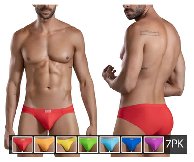 Muscular man wearing red briefs against white background, showing seven color variations.