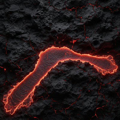 A glowing molten lava flow with vibrant orange red hues snakes across dark rugged volcanic rock in creature cocks
