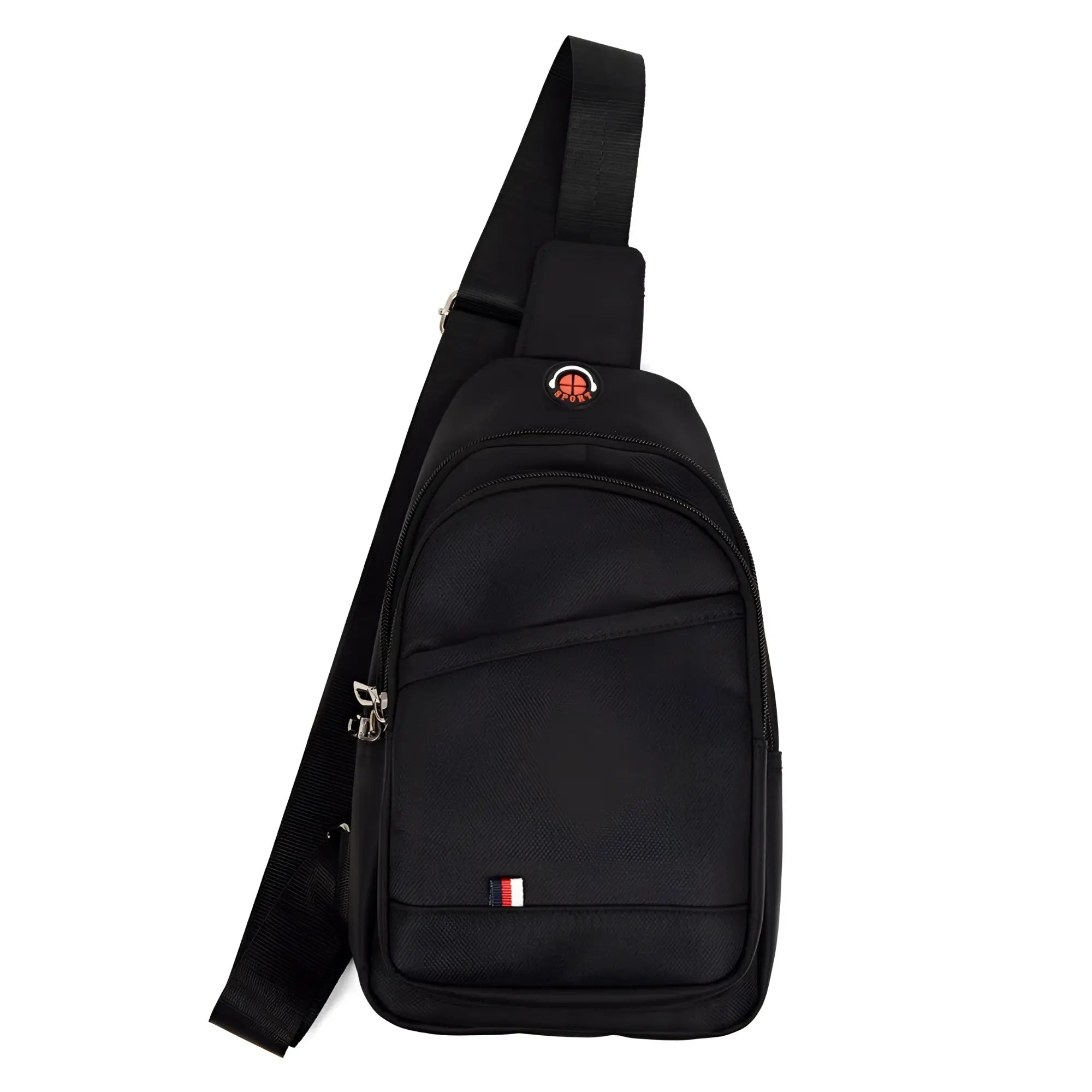 A black sling backpack with a single shoulder strap against a white background.