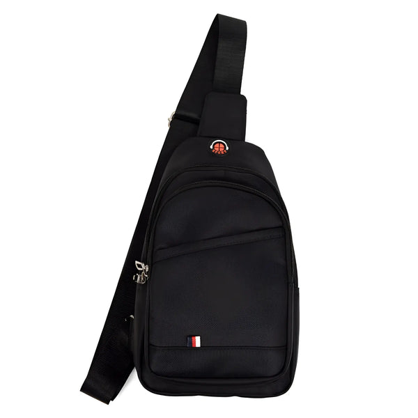 A black sling backpack with a single shoulder strap against a white background.
