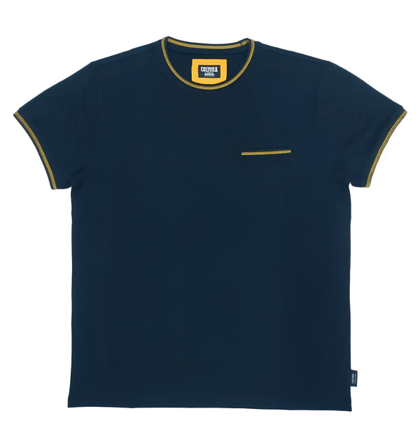 Navy short-sleeve shirt with yellow trim on collar, cuffs, and chest pocket.