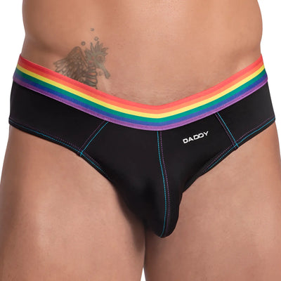 Black fitted briefs feature a rainbow waistband and vibrant contrast stitching detail.