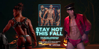 Red velvet-lined men’s loungewear set with black leather straps and metallic buckles from fall winter gay men’s pride collection