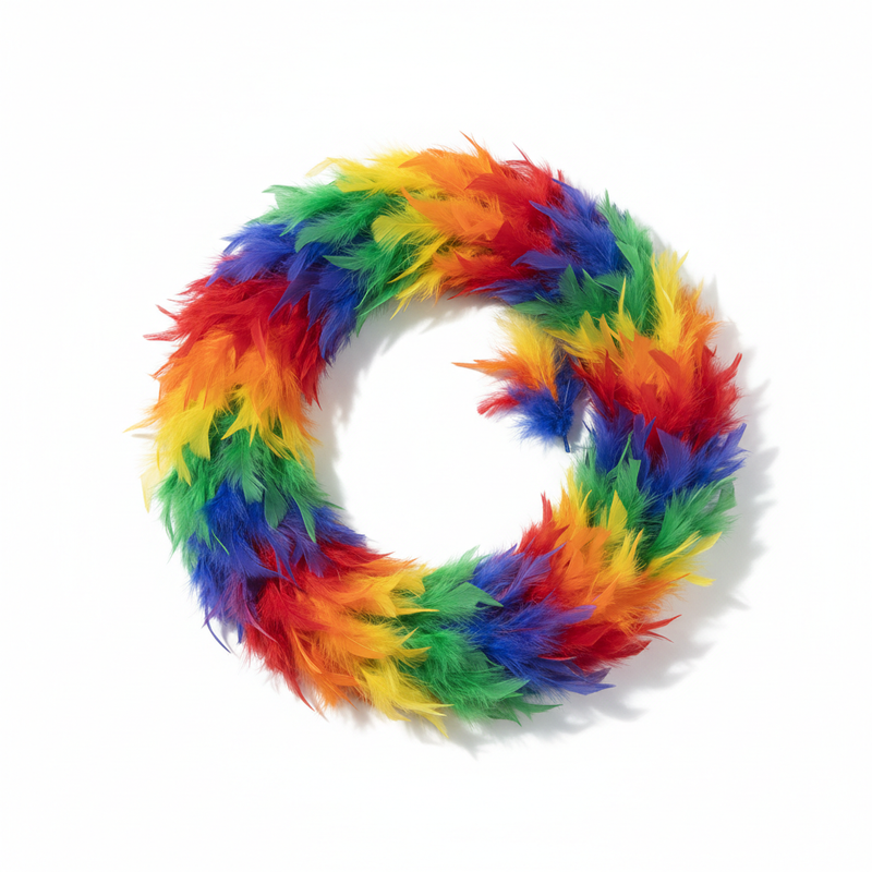 A vibrant rainbow-colored feather wreath made of soft fluffy feathers arranged in a circular pattern by DealByEthan