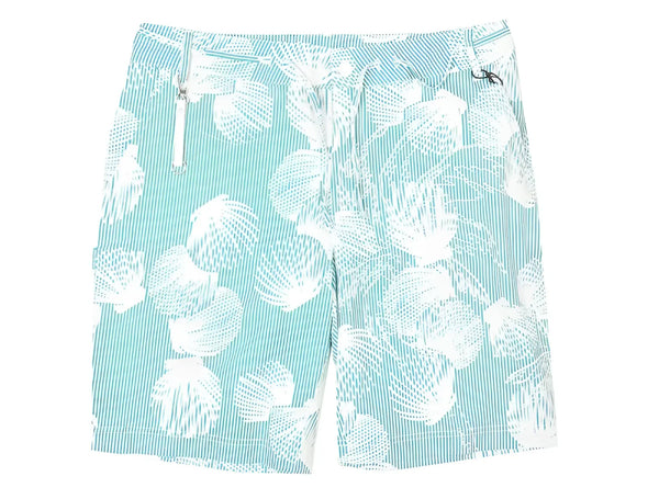 Teal and white striped shorts featuring a white shell print on white.