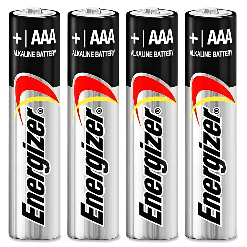 Four silver and black AAA alkaline batteries arranged in a straight row.