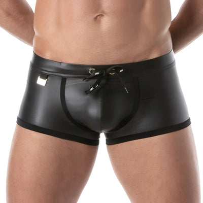 Black leather-like trunks with metal eyelets and drawstring against white background.