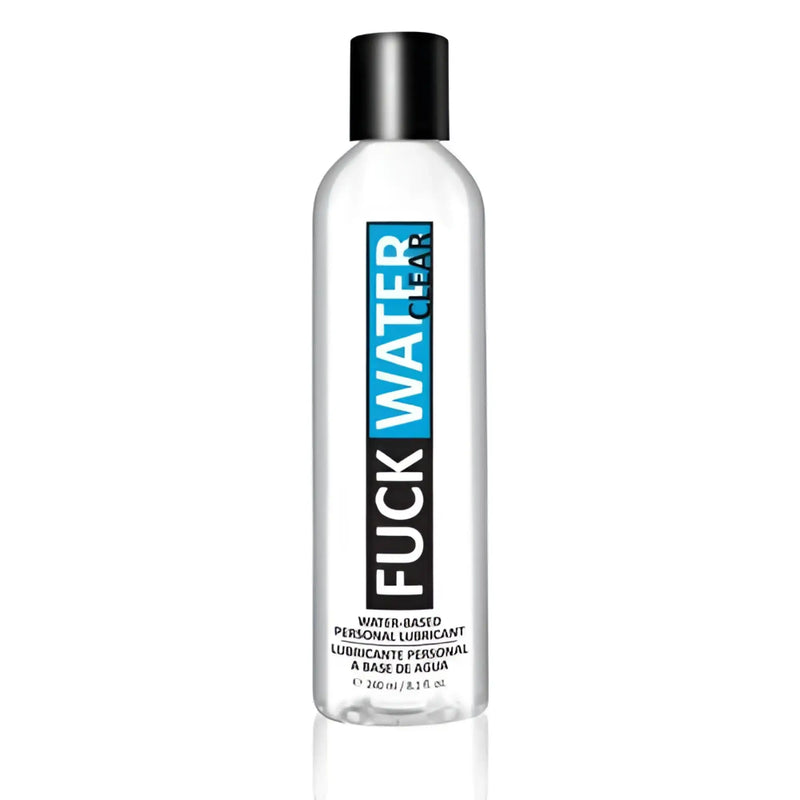 Clear plastic bottle with black cap containing liquid against white background.