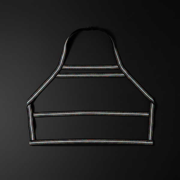 Black halter top with iridescent silver stripes from the gender fluid collection