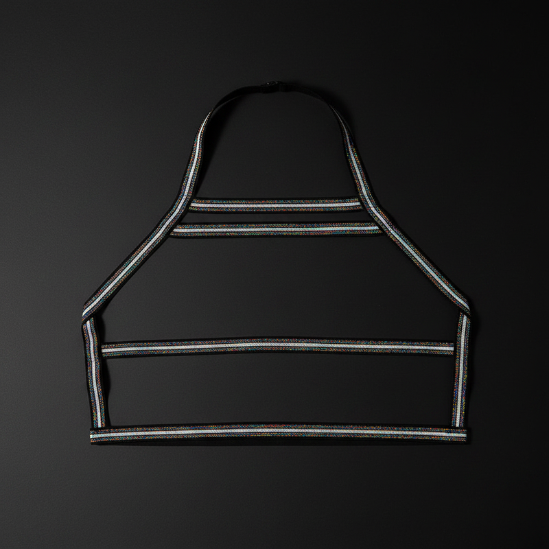 Black halter top with iridescent silver stripes from the gender fluid collection