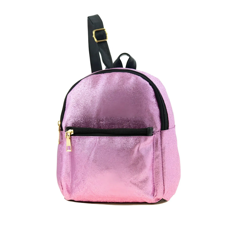 Shimmering pink small backpack with black trim and gold hardware against white.