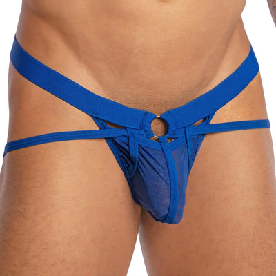Blue mesh jockstrap with a central metal ring on white background.