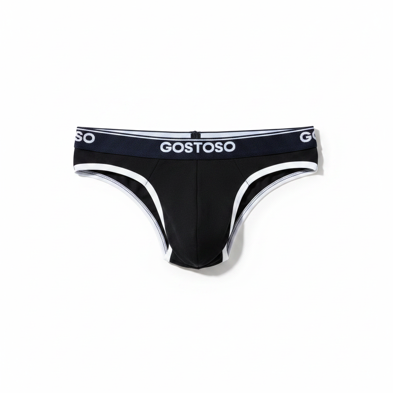 Black gostoso menswear briefs with white trim and branded waistband in comfortable stretch fabric