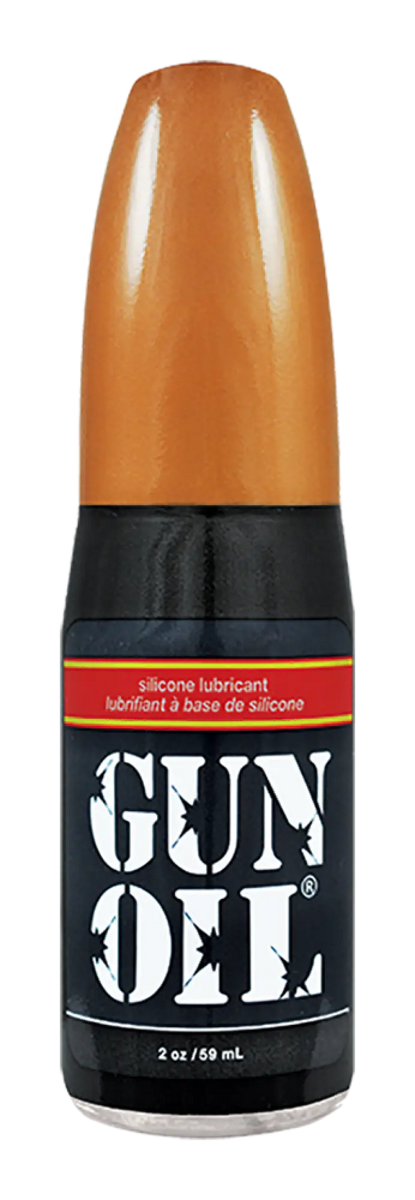 A tall cylindrical bottle has a rounded orange cap, black background label.