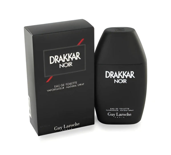 Black rectangular cardboard box next to a black tapered spray perfume bottle.