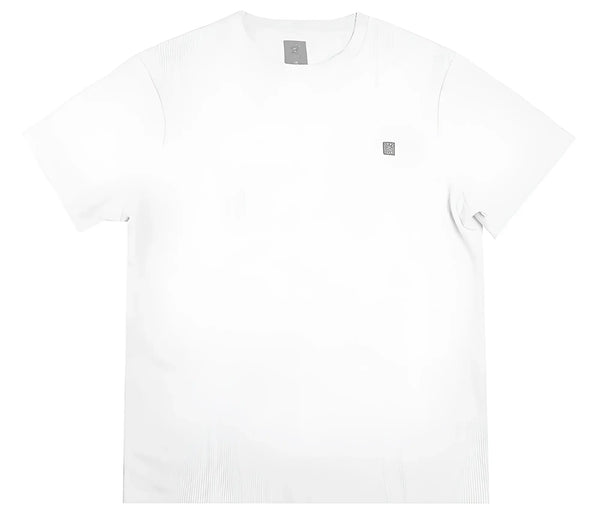 White short-sleeved crewneck t-shirt with ribbed hem details on solid background.