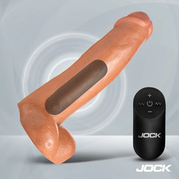 Flesh-toned phallic silicone device with remote control on a gray background.