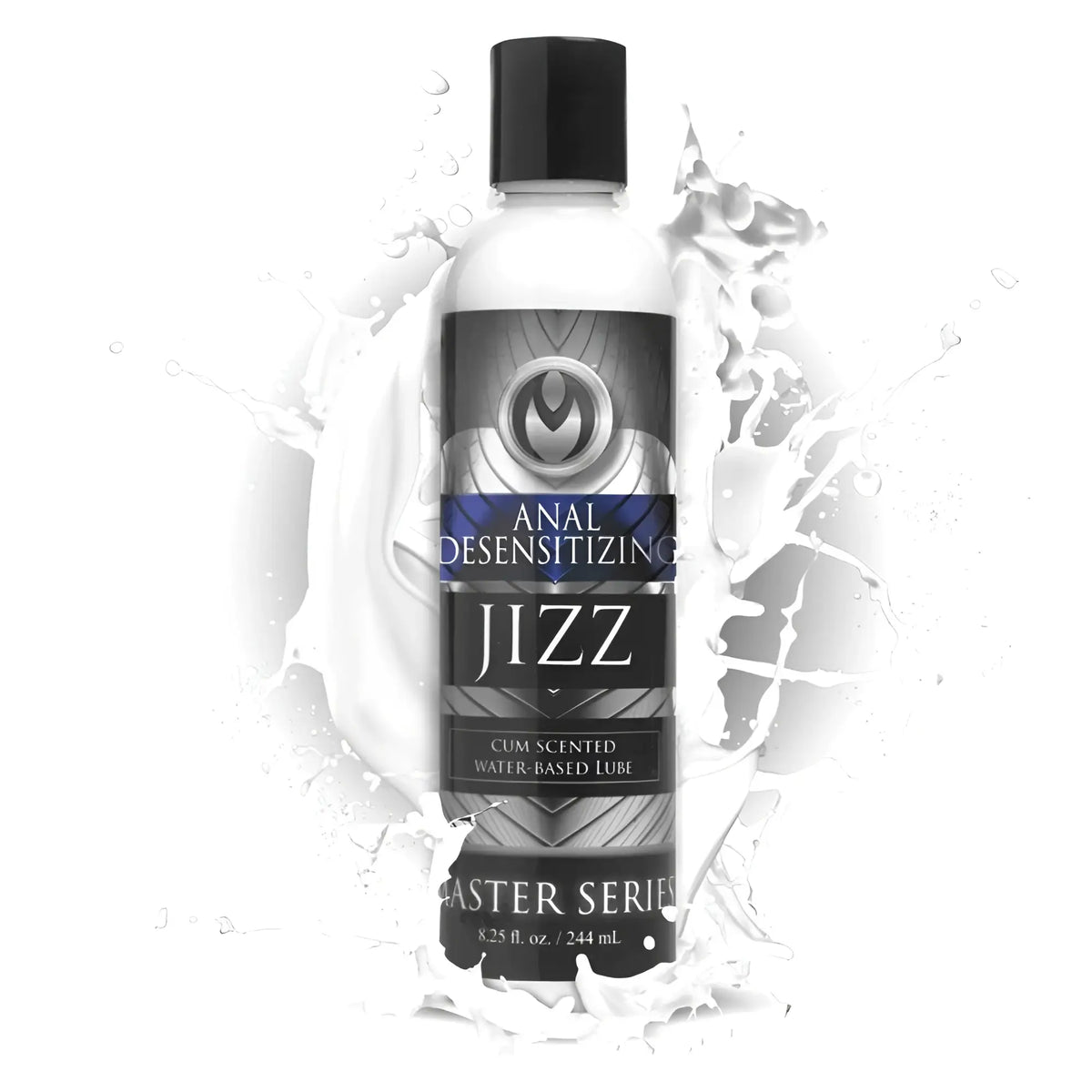 Master Series 8.5oz Jizz Scented Desensitizing Lube in a black and silver bottle with a white liquid splash background.