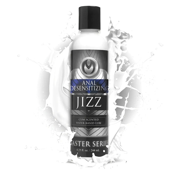 Master Series 8.5oz Jizz Scented Desensitizing Lube in a black and silver bottle with a white liquid splash background.