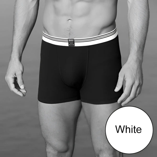 Black boxer briefs with striped white waistband on a shirtless male model.