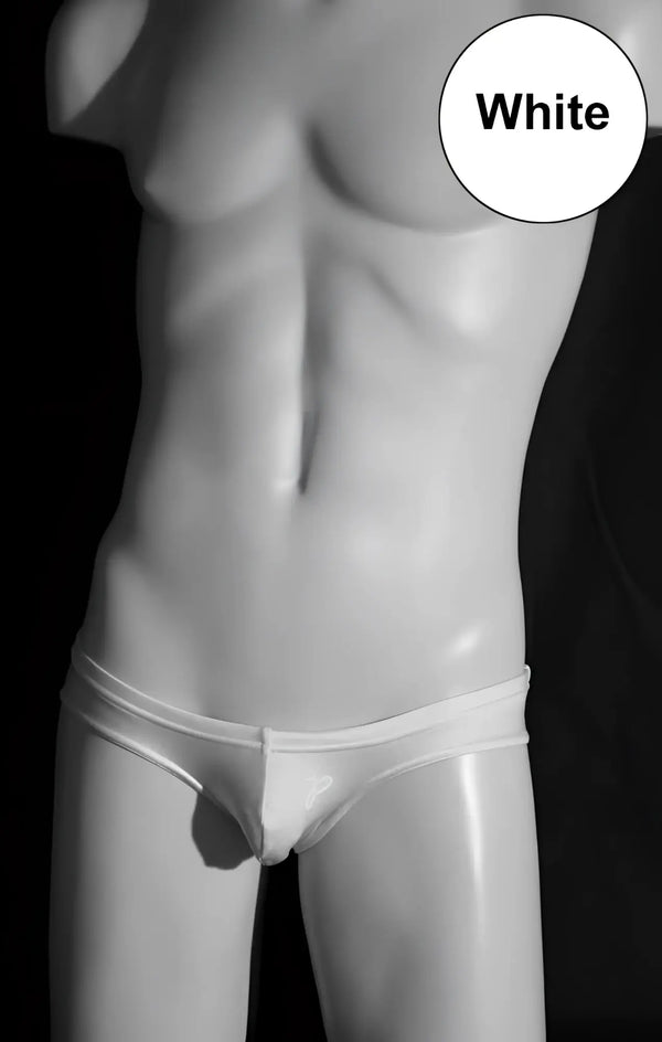 White minimalist bikini brief on a mannequin torso against black background backdrop.