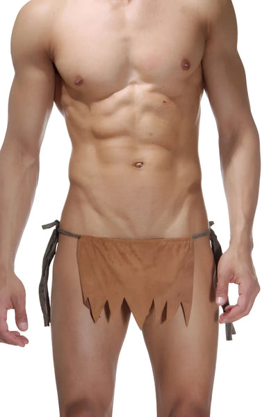 Muscular man wearing a brown fabric loincloth with jagged hem, white background.