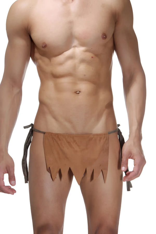 Muscular man wearing a brown fabric loincloth with jagged hem, white background.