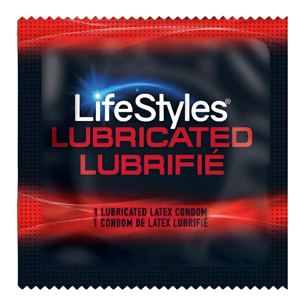 Square packet in red and black with text printed on the front.