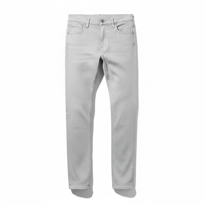 Light gray slim-fit denim jeans with subtle stitching modern cut from M Society Pants collection