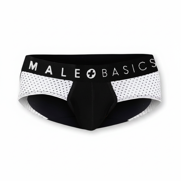 Black and white male basics briefs with perforated mesh side panels in breathable fabric from malebasics underwear collection