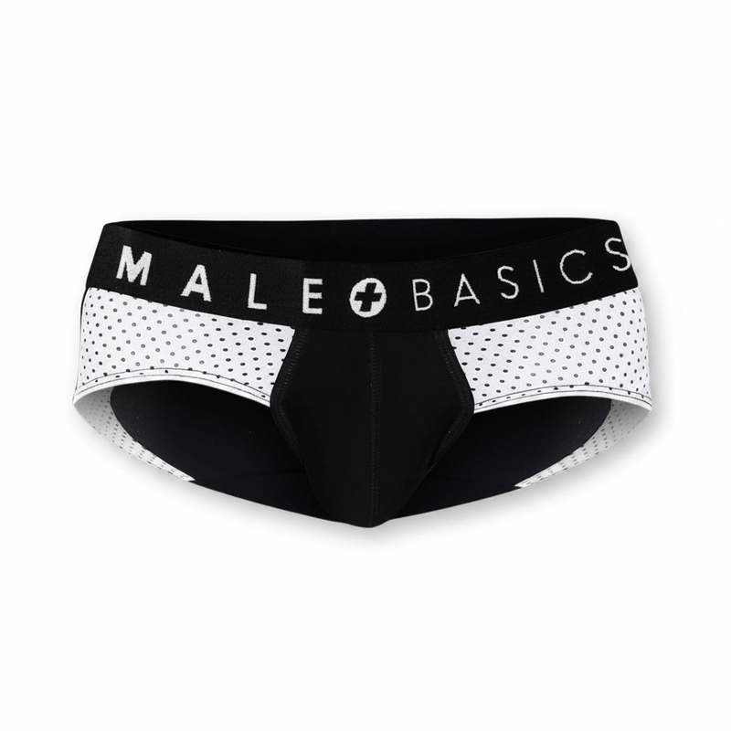 Black and white male basics briefs with perforated mesh side panels in breathable fabric from malebasics underwear collection