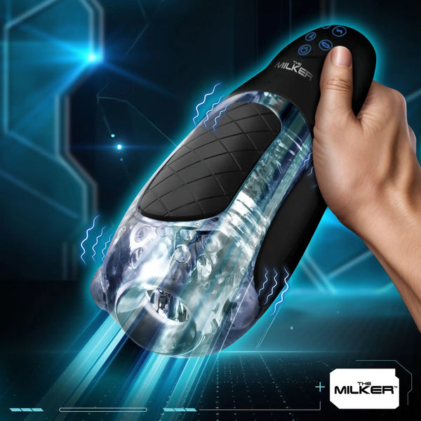 A hand holds a black and clear textured device against blue background.