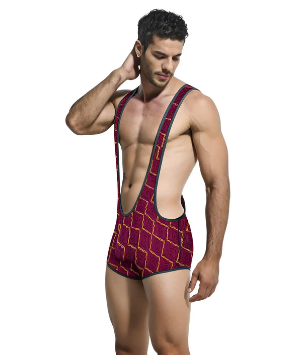 Man wears patterned burgundy singlet with yellow lines against plain white background.