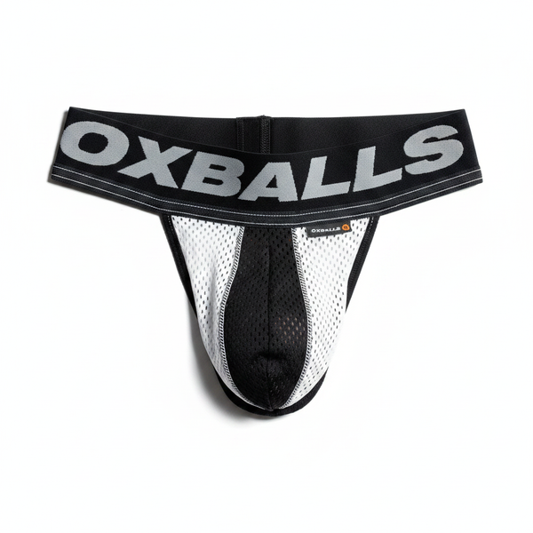Black and white mesh athletic briefs with bold oxballs logo on waistband from oxjok underwear by oxballs collection