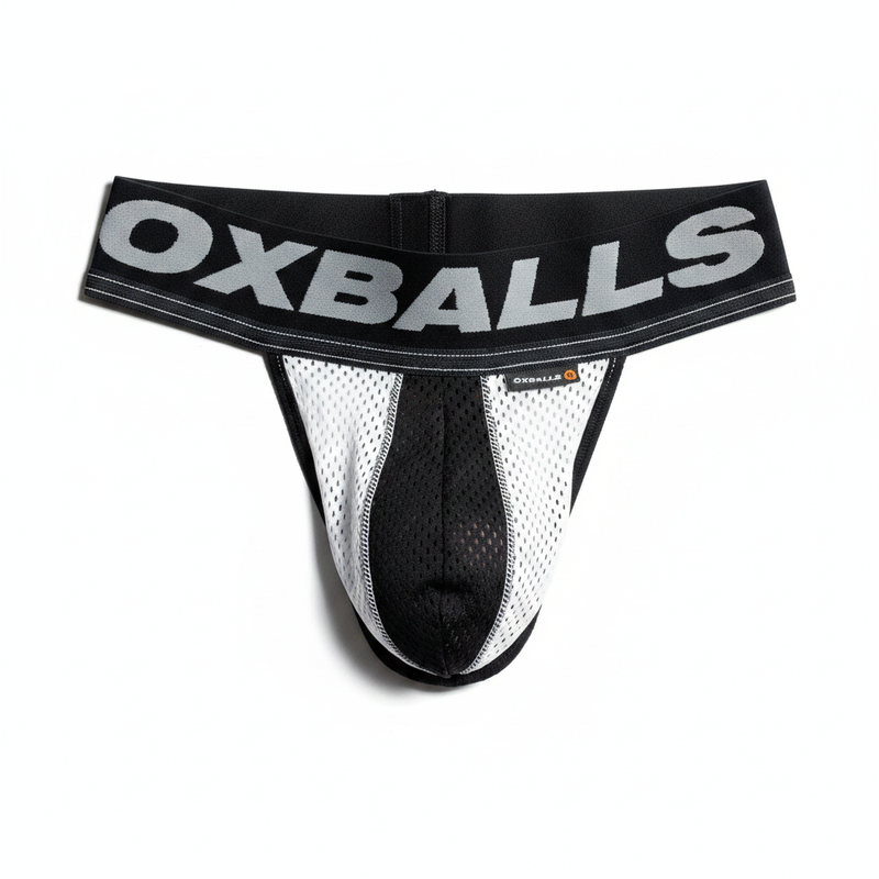 Black and white mesh athletic briefs with bold oxballs logo on waistband from oxjok underwear by oxballs collection