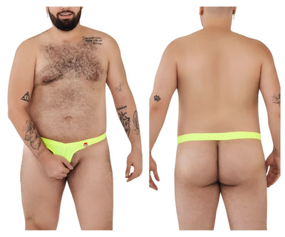 Man wears neon yellow thong underwear, shown from front and back views.