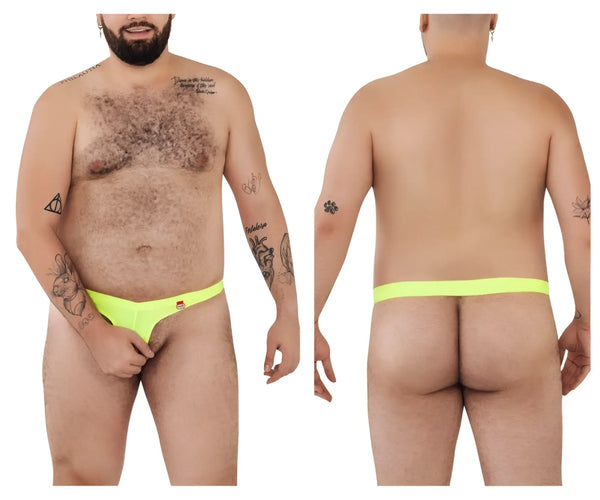 Man wears neon yellow thong underwear, shown from front and back views.