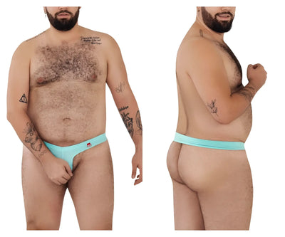 Two images of a bearded man wearing a light blue minimal thong underwear.