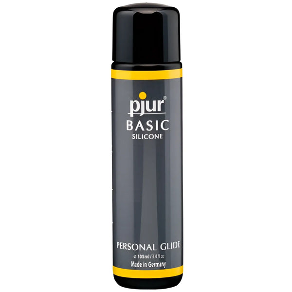 A gray cylindrical bottle with yellow stripes and a black plastic cap.