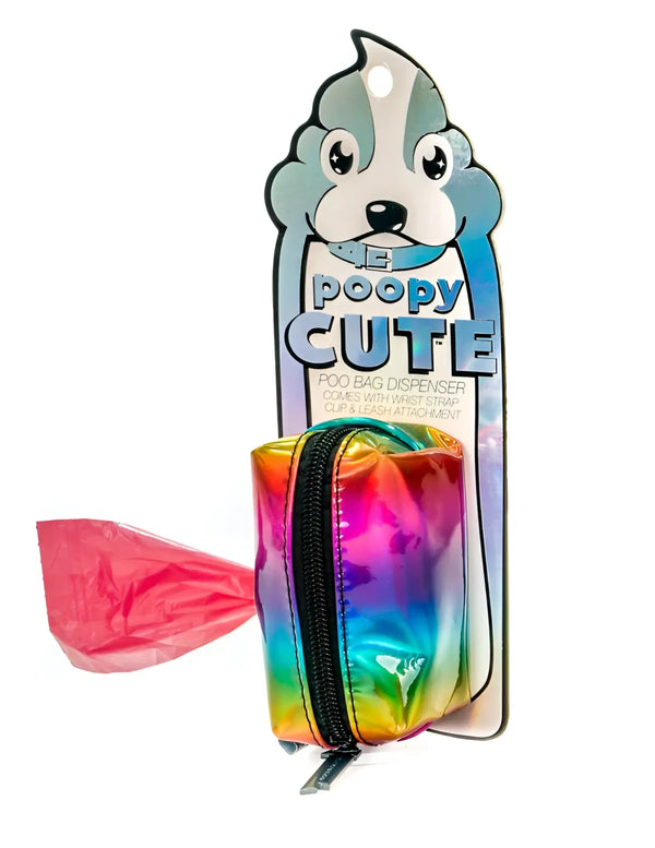 Iridescent rainbow bag with black zipper on cardboard backing with pink bag.