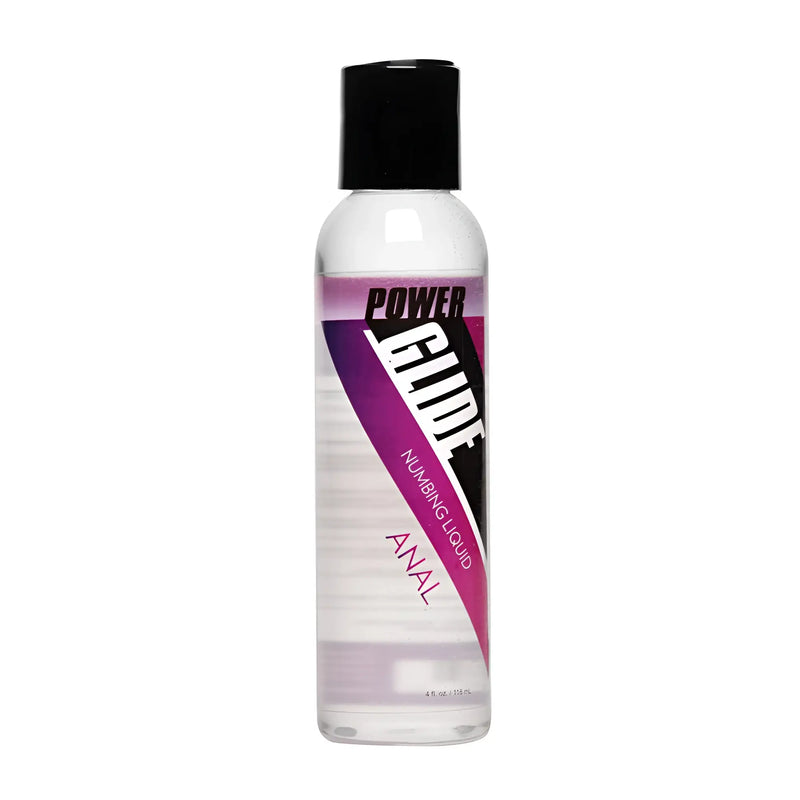 Clear bottle of liquid with a black cap on a white background.